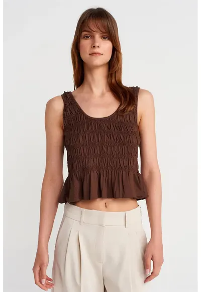 Bluza dama - crop - volanase - maro castaniu - din bumbac-modal