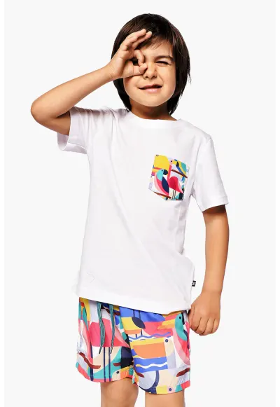 Tricou de bumbac cu aplicatie contrastanta pe piept - Alb optic