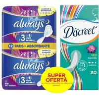 Absorbante Always Platinum Night, 12 Bucati + Absorbante Zilnice Discreet Waterlily, 20 Bucati