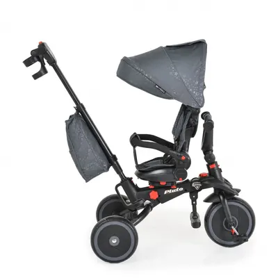 Tricicleta pentru copii Byox Pluto Grey pliabila, cu scaun rotativ si spatar reglabil, roti din cauciuc Eva, maner cu control al directiei, 2 seturi suport picioruse, sistem roata libera si frana pe rotile din spate