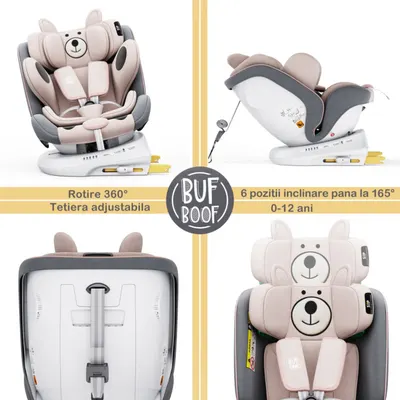 Scaun auto Buf Boof P100 UrsPink, i-size R129, rotativ 360, isofix, 40-150 cm, 0-36 kg