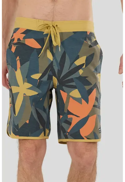 Pantaloni scurti de baie cu model tropical - Portocaliu/Verde masliniu