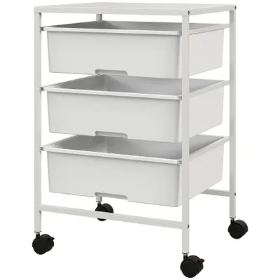 HOMCOM Cărucior Multifuncțional cu 3 Coșuri și Roți, Cărucior pentru Bucătărie și Birou din Oțel și Plastic, 40.8x33.5x60.5 cm, Alb | Aosom Romania