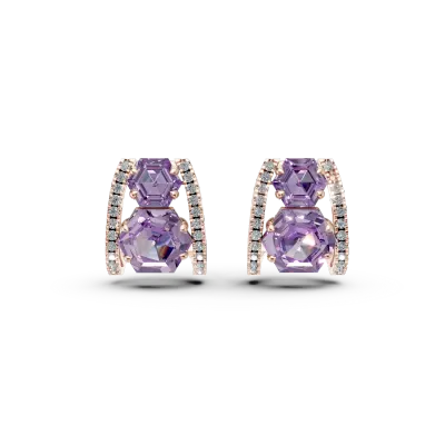 Cercei geometrici din aur roz cu ametiste hexagonale de 3.06ct si diamante de 0.2ct