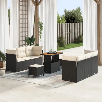 Set de canapea pentru gradina Gossi cu 9 piese cu perne negru ratan polimer acacia, set de dining pentru gradina Gossi cu 3 piese cu perne negru ratan polimer acacia