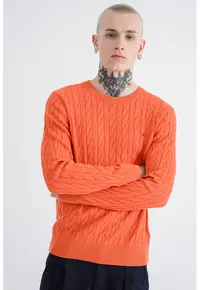 Pulover din bumbac organic cu model torsade - Portocaliu