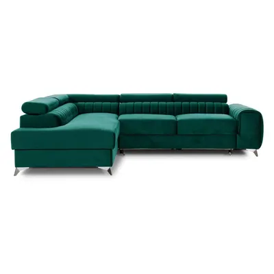 Colțar verde extensibil/cu spațiu de depozitare cu tapițerie din catifea (cu colț pe partea stângă/în formă de ”L”) Laurence – ELTAP