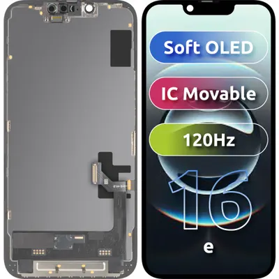 Display cu Touchscreen MP compatibil cu Apple iPhone 17e / 16e, cu Rama, Versiune Soft OLED FHD 120Hz IC Movable, Negru