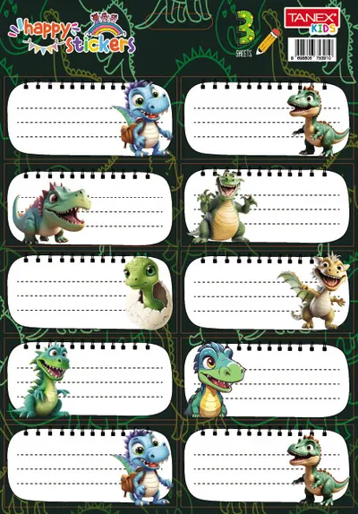 Etichete scolare autoadezive, 30buc/set, Tanex, Dinozauri