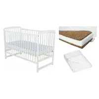 Set Patut din lemn bebe Babyneeds, Ola, 120x60 cm, Alb + Saltea patut bebe, Cocos Confort II, Cu fibre de cocos si strat de burete, 120x60x10 cm + Protectie impermeabila, Pentru patuturi 120x60 cm, Alb