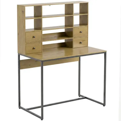 HOMCOM Birou pentru computer cu 4 sertare, 105 x 60 cm, birou cu depozitare, rafturi deschise, 105 x 60 cm, lemn natural | Aosom Romania