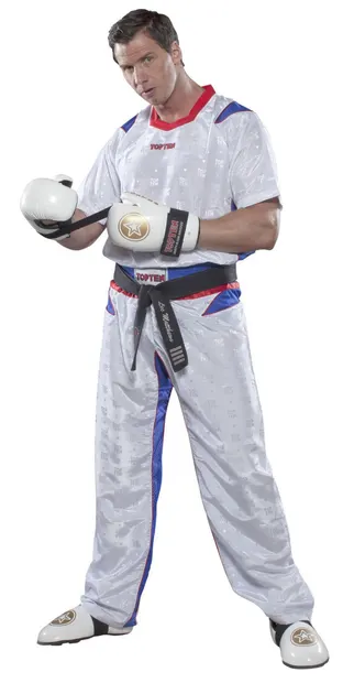 Uniforma Kickboxing "TTM", aprobat WAKO, Top Ten, Alb-Albastru, 170 cm