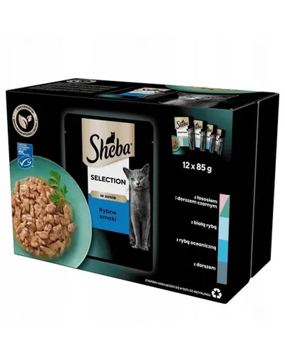 SHEBA Selection plicuri hrana pisica 48x85 g somon si cod, peste alb, peste oceanic, cod in sos