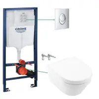 Set vas wc suspendat rimless cu capac VilleroyBoch, Architectura plus rezervor wc incastrat si clapeta crom Skate Air Grohe