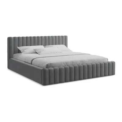 Pat matrimonial gri tapițat cu spațiu de depozitare cu somieră 160x200 cm Lemi – Makamii