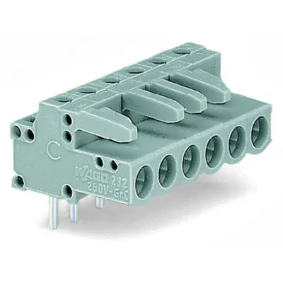 THT female header; 0.6 x 1.0 mm solder pin; angled; Pin spacing 5 mm; 2-pole; gray