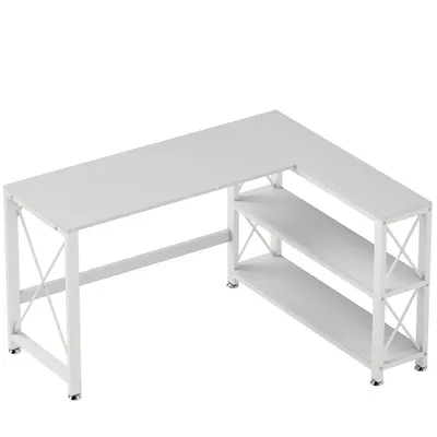 HOMCOM Birou de colț modular reversibil, birou cu depozitare, raft, cadru metalic, 135x110x75cm, alb | Aosom Romania