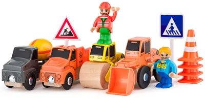 Set Woody - Mașini de construcții pentru trenuleț din lemn, 12 piese