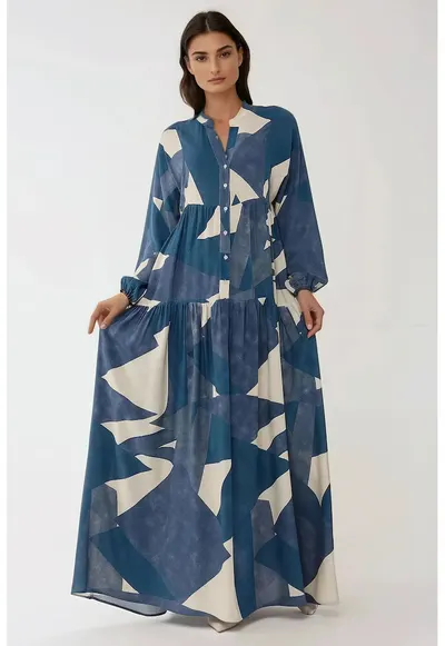 Rochie maxi viscoza - imprimeu - maneca lunga - Bleumarin