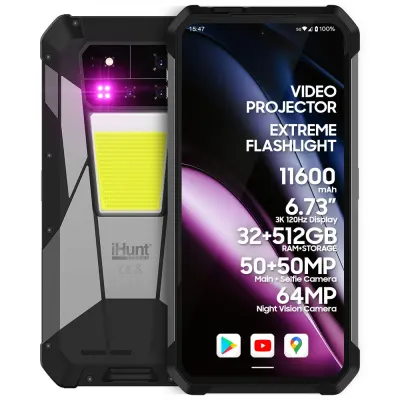 iHunt Tank 4 PRO cu Proiector Video, 5G, Dual SIM, 6.78 120Hz AMOLED, Dimensity 7300, 12GB RAM, 512GB, NFC, Android 15