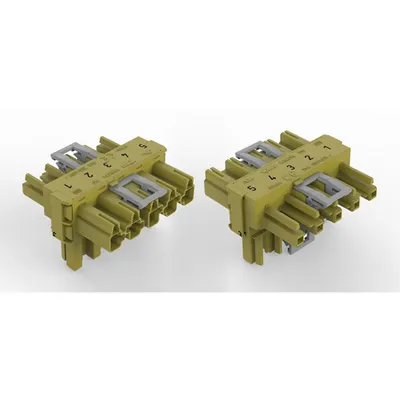 T-distribution connector; 5-pole; Cod. B; 1 input; 2 outputs; 3 locking levers; for flying leads; light green