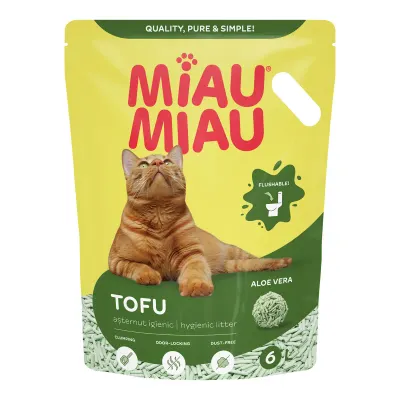 MIAU MIAU Tofu, Aloe Vera, așternut igienic pisici, peleți, tofu, aglomerant, ecologic, biodegradabil, 6l