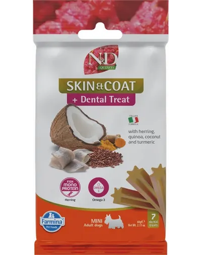 FARMINA N&D Quinoa Dental Treat Skin Coat Herring Mini 60 g gustare dentara cu hering, pentru caini talie mica