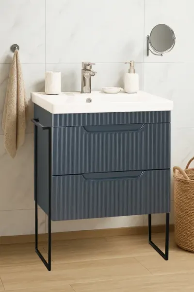 Set Baza front MDF si Lavoar seria 733, cadru metalic, sertare, montata, 60 cm, antracit
