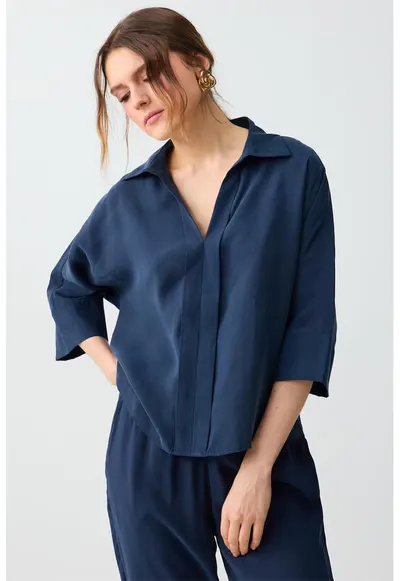 Bluza din amestec de modal cu maneci trei sferturi - Albastru inchis