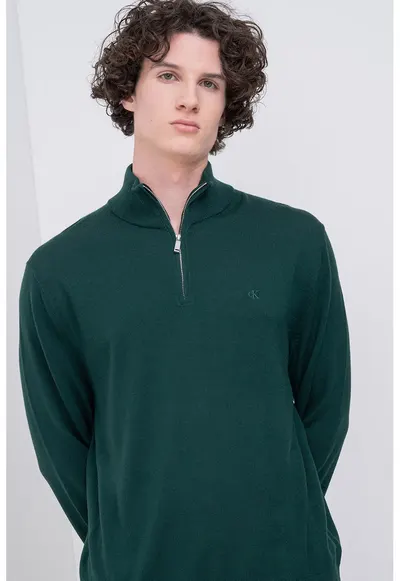 Pulover din lana cu fenta cu fermoar - Verde englez