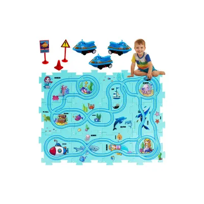 Puzzle educational tip pista, 3 vehicule cu baterii, indicatoare rutiere, autocolante