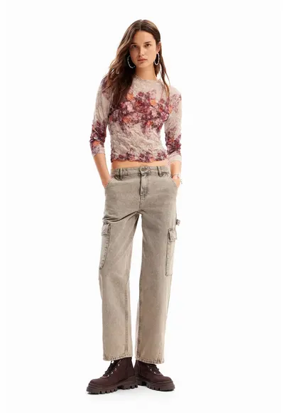 Bluza crop cu imprimeu abstract - Rosu inchis/Alb murdar