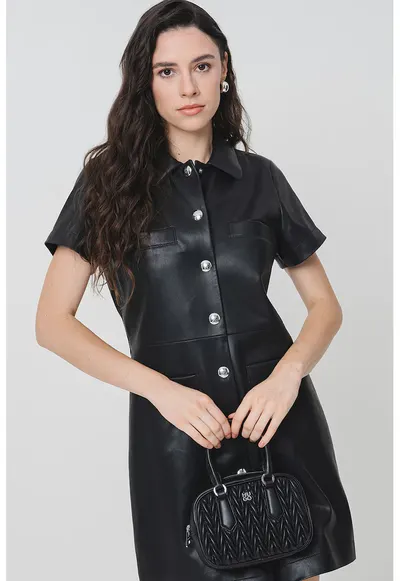 Rochie-camasa de piele ecologica - Negru