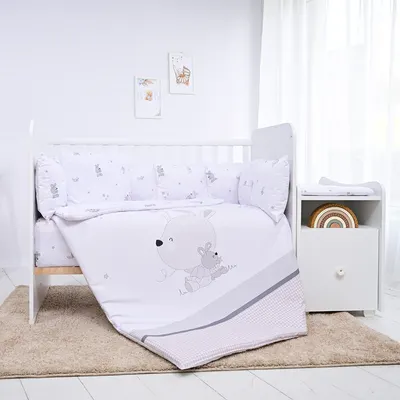 Lenjerie pătuț Lorelli - Trend, Little Rabbits, cu protecție laterală, gri