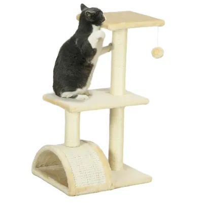 PawHut Ansamblu pentru Pisici cu 3 Nivele și Covor pentru Zgâriat în Formă de Arc, 40x35x72 cm, Alb Crem | Aosom Romania