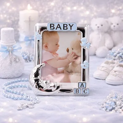 Ramă Foto BABY AZAY Albastră cu Elemente Decorative, 10x15 cm, Ramă Foto Băieți, Cadou Botez / Nou-Născut, Cutie Cadou Inclusă