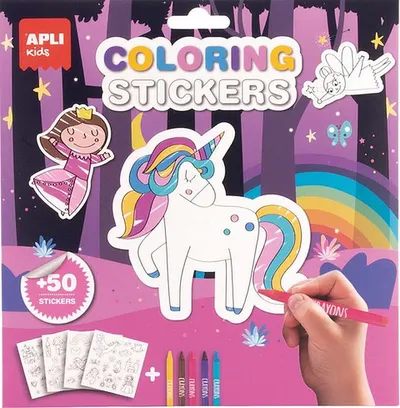 Autocolante pentru colorat Apli Kids - Lume magică, cu 5 creioane colorate