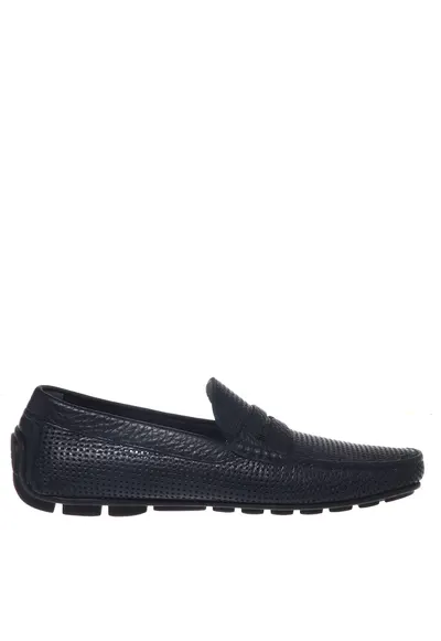 Pantofi loafer de piele ganulata cu perforatii - Albastru