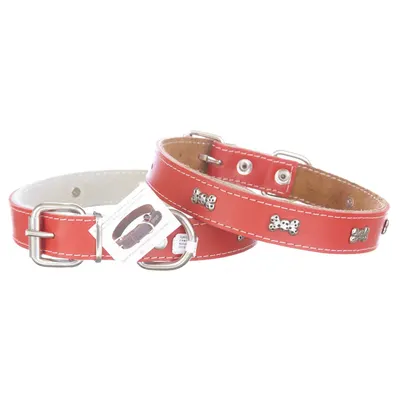 Zgarda din piele, rosie, cu ornamente oase, 2.3 cm x 50 cm, pentru caini de talie medie