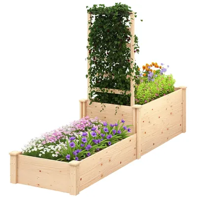 Outsunny Pat Înălțat pentru Grădină cu Grilaj, Bază Deschisă și 2 Despărțitoare, 222x63x132 cm, Lemn Natural | Aosom Romania