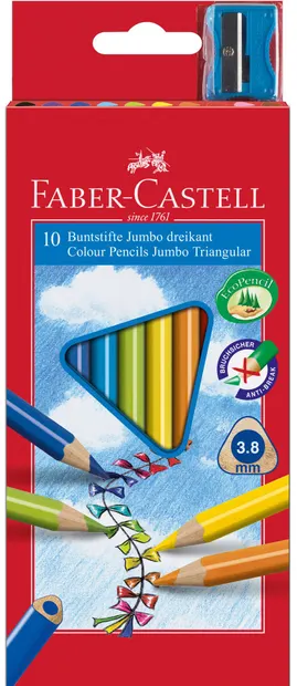 Creioane jumbo triunghiulare Faber-Castell - 10 culori, cu ascutitoare