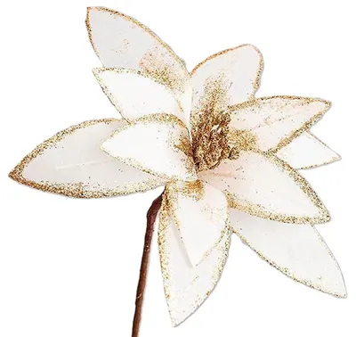 Floare artificial Eurolamp - Alb cu brocart auriu, 23 cm