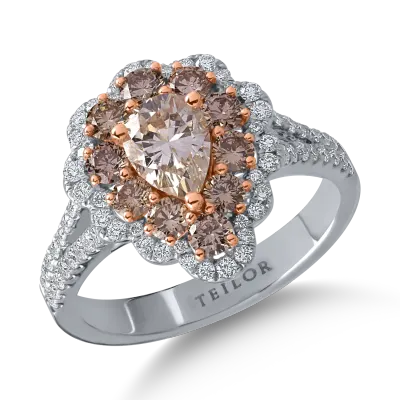 Inel din aur alb-roz cu diamante maro pear si rotunde de 1.72ct si diamante transparente de 0.41ct