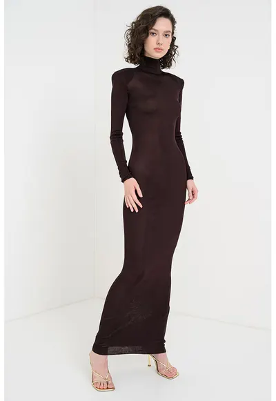 Rochie bodycon cu maneci lungi - Maro inchis