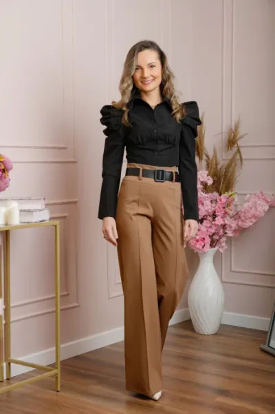 Pantaloni evazati Ophelia cu talie inalta si curea - Camel