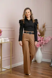 Pantaloni evazati Ophelia cu talie inalta si curea - Camel