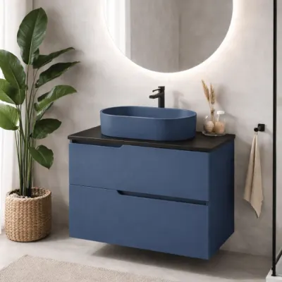 Set mobilier 60 cm albastru inchis baie, lavoar din compozit cu monatre pe blat