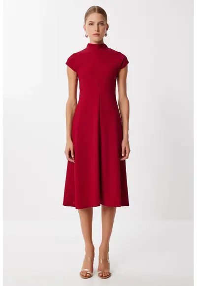 Rochie midi - Happiness Istanbul - tip A - rosu burgund - tricotata - poliester cu elastan