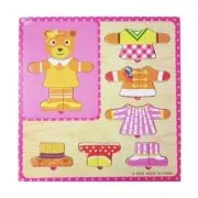 Jucarie bebelusi din lemn - puzzle iepure/urs + haine fetita, multicolor