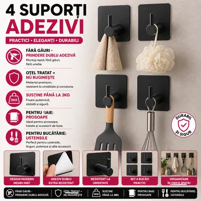 Set 4 Suport cu Adeziv pentru Prosoape, Dimensiuni 4,5 x 4,5 x 2,5 cm, Rezistent la Umiditate, Rugina, Ideal pentru Bucatarie, Baie, Otel Inoxidabil, Sarcina 3 Kg